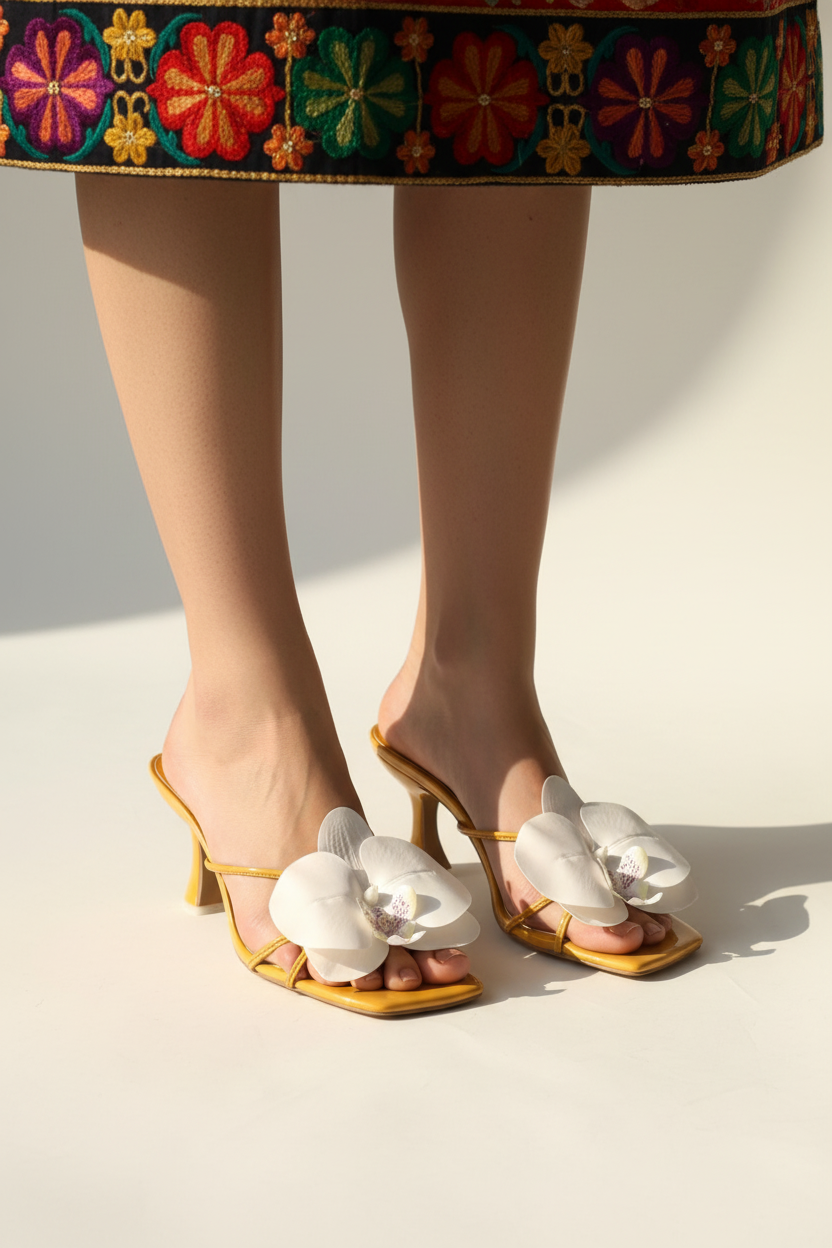 Model legs wearing yellow floral heels