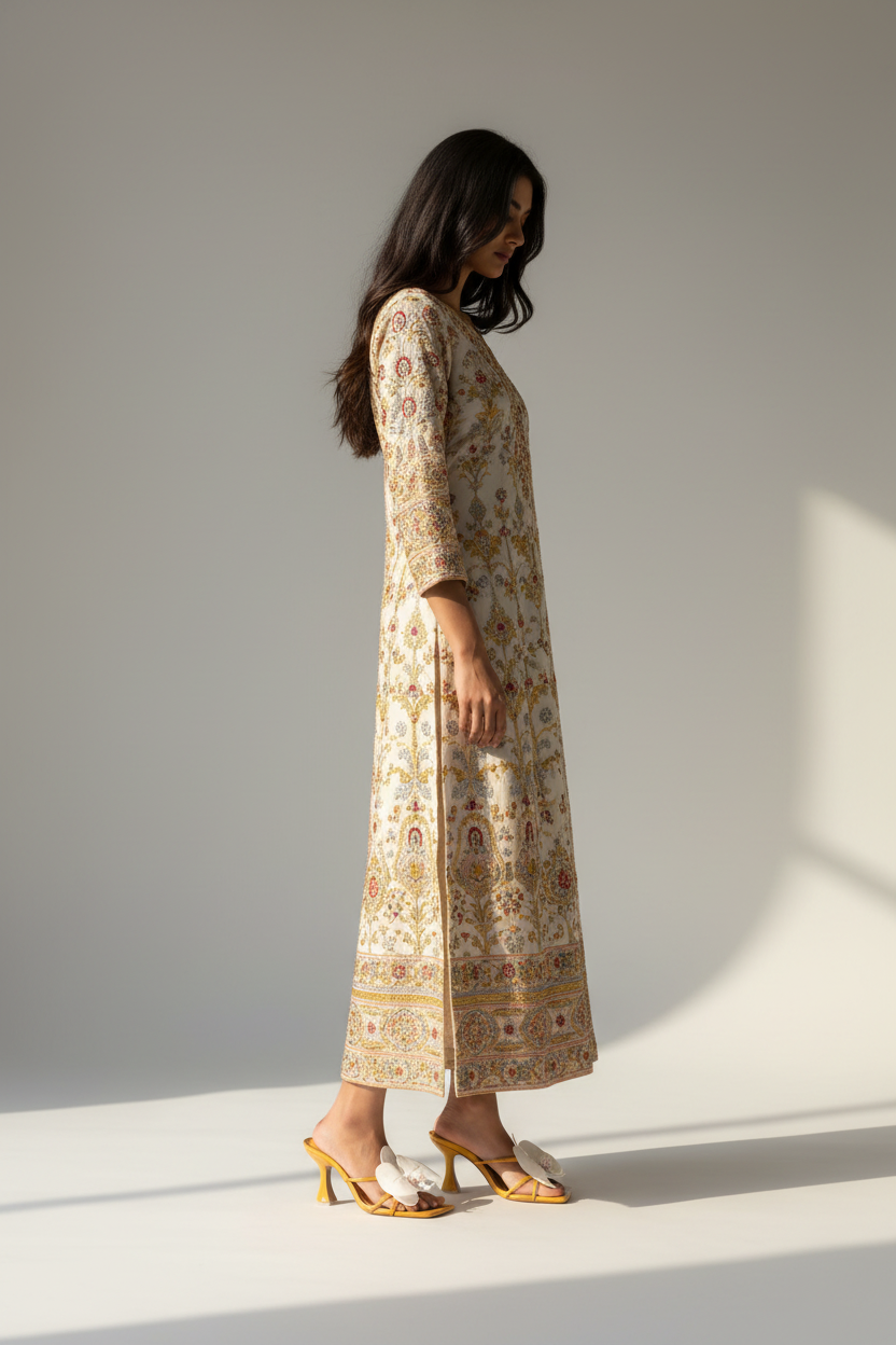 Model wearing white orchid heels